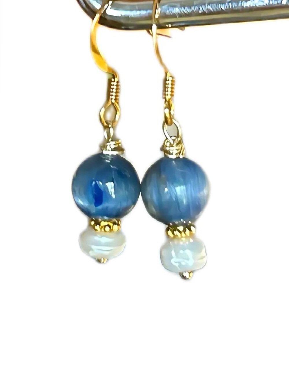 Handcrafted 14K Gold Genuine Kyanite Pearl Beaded Drop Earrings OS